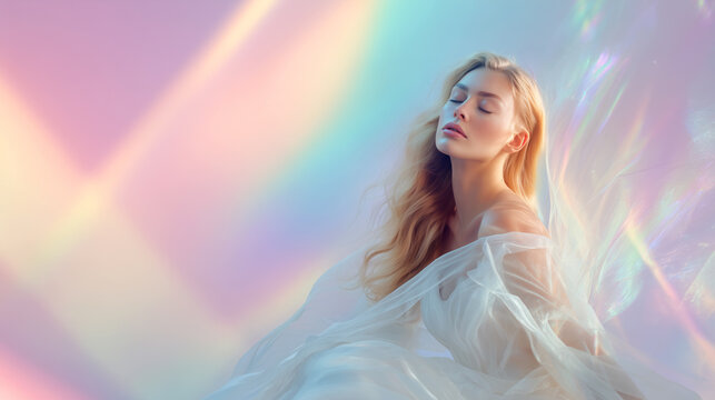 Ethereal bride in flowing white sheer fabric with rainbow gradient background and iridescent light effects. Dreamy bridal portrait with closed eyes, peaceful expression and holographic aura.