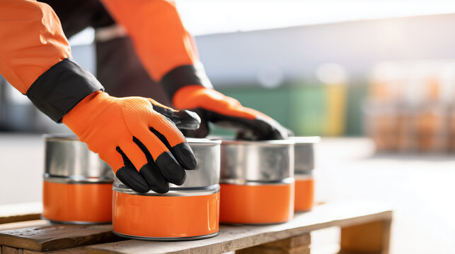 Warehouse worker in protective gloves handling orange paint cans at industrial facility. Quality control inspection of metal containers at manufacturing plant. Safety equipment for chemical storage.