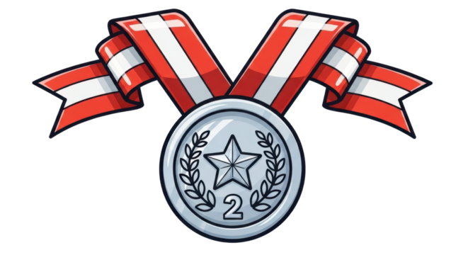 Cartoon illustration of a silver medal and red ribbon isolated PNG with Transparent Background