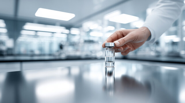 Hand holding medical vial with blank label in modern laboratory facility. Pharmaceutical storage, vaccine transportation, cold chain logistics, healthcare distribution, medicine safety concept.