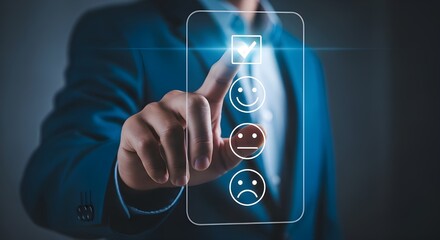 Customer satisfaction survey feedback selection with hand touching digital interface with emoticons