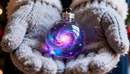 Winter mittens holding tiny galaxy inside glass ornament. Cosmic festive fantasy.
