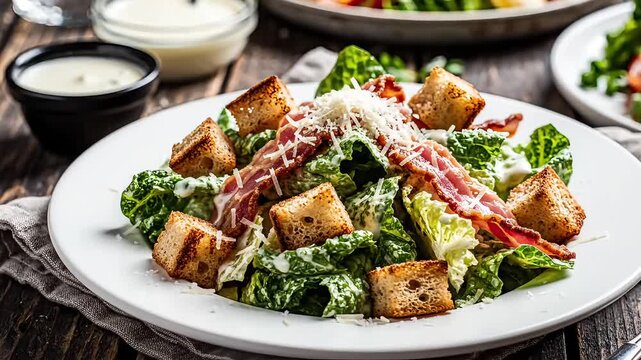Close up shot of a caesar salad with bacon and croutons on a white plate on a wooden table