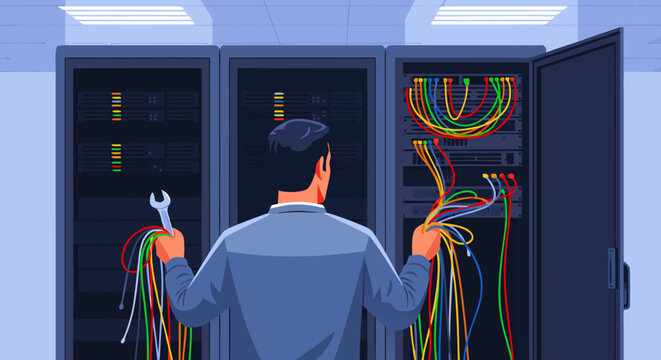 IT professional carefully connecting network cables in a server room with tools in hand, illustrating technical maintenance and data center operations - Powered by Adobe
