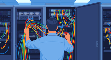 IT technician meticulously organizing a complex network of colorful cables within a server room, showcasing data center maintenance and connectivity management expertise