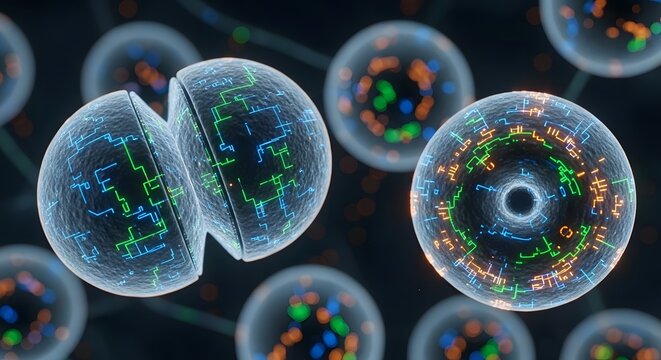 Abstract visualization of cell division and cellular structures in science