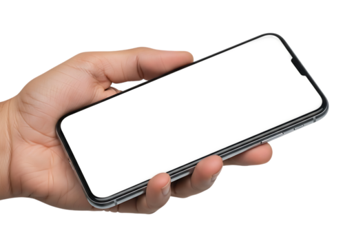 Hand holding a modern smartphone with a blank white screen isolated on a transparent background mobile phone 3