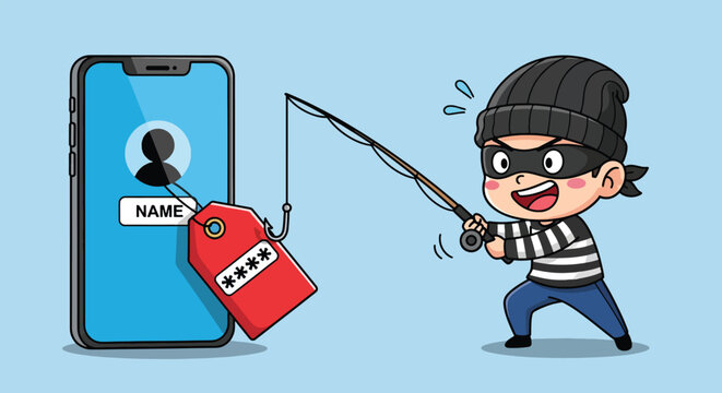 Cartoon thief fishing for personal data from a smartphone login screen.