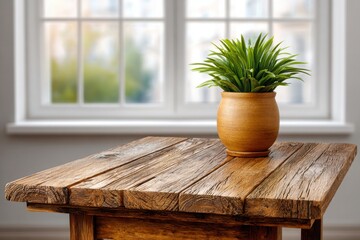 A lush green potted plant sits on a rustic wooden table in front of a bright window