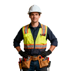 A confident construction worker wearing a hard hat and safety vest stands with his hands on his hips, ready for work with isolated background