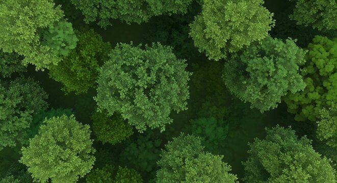 Aerial view of a dense green forest canopy with lush trees in summer - Powered by Adobe