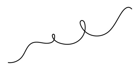 Wavy curly stroke one line art, hand drawn scribbly dividing element drawing continuous contour. Twiddle swirl separator curve strip with volutes and tendril design. Isolated. Editable stroke. Vector