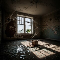 Broken window in an abandoned room showing old wooden chair, brick wall, and peeling paint with spider webs and ominous lighting.