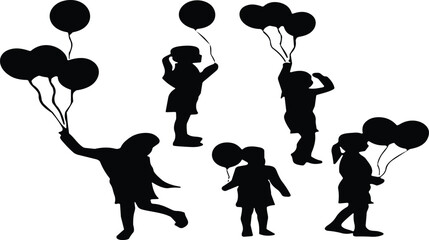 Silhouettes of children holding balloons in playful standing and dancing poses, joyful kids activity illustration for celebration, party, festival, and childhood themes