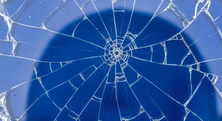 Shattered glass on a blue background, reflecting light and creating a radial pattern; abstract concept.