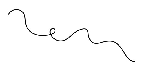 Wavy curly stroke one line art, hand drawn scribbly dividing element drawing continuous contour. Twiddle swirl separator curve strip with volutes and tendril design. Isolated. Editable stroke. Vector