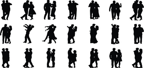 Romantic couple silhouettes dancing and embracing in various poses, expressing love, relationship moments, intimacy, passion, movement, celebration, and emotional connection