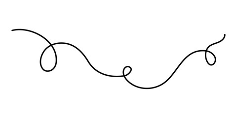 Wavy curly stroke one line art, hand drawn scribbly dividing element drawing continuous contour. Twiddle swirl separator curve strip with volutes and tendril design. Isolated. Editable stroke. Vector