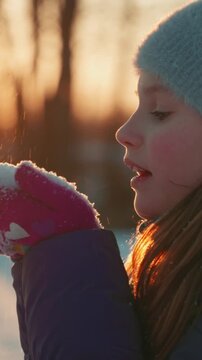 Cheerful young girl playfully tossing snow from her mittens under the enchanting winter sunset, where the golden backlight sets a cozy and whimsical mood as snowflakes glisten in the air