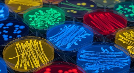 Closeup of colorful petri dishes with glowing bacterial cultures under laboratory lighting