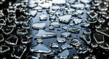 Broken glass shards on wet black surface with reflective bokeh and details.