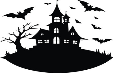 Spooky haunted house silhouette with flying bats, eerie tree, dark hill, Halloween night atmosphere, creepy scene illustration for festive themes, decoration