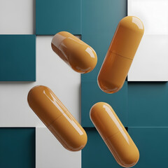 Four golden brown sausage links arranged diagonally on a teal and white checkered background