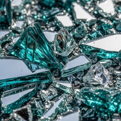 Broken glass shards reflect light and create a glittering abstract design, perfect for edgy editorial uses.