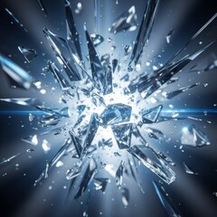 Shattered glass abstract with cool tones, exploding fragments creating a dramatic effect. Digital art for advertising purposes.
