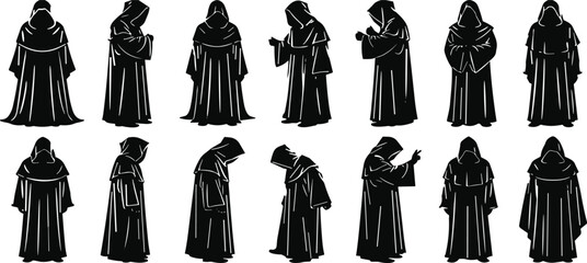 Hooded monk silhouettes standing in various mysterious poses, expressing secrecy, ritual symbolism, spiritual tradition, ancient culture, medieval atmosphere, and dark robed figures