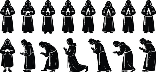 Monk silhouettes praying and bowing in various spiritual poses, expressing meditation, devotion, religion, worship, humility, faith, tradition, ritual, and peace