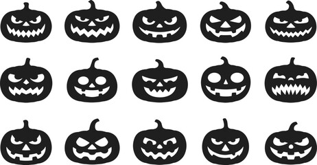 Halloween pumpkin face silhouette collection, spooky jack-o-lantern icons, scary carved pumpkin expressions for seasonal decoration, vector holiday design elements