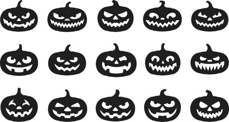 Halloween pumpkin face silhouette collection, spooky jack-o-lantern icons, scary carved pumpkin expressions for seasonal decoration, vector holiday design elements