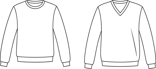 Crewneck and V-neck sweatshirt vector illustration, detailed apparel line drawing, fashion design template, clothing outline sketch, garment mockup for product presentation