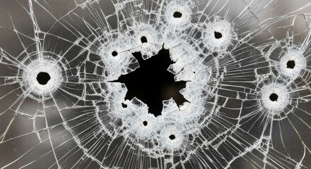 Glass window shattered by multiple projectiles, showing damage patterns in detail. Concept of impact and violence.