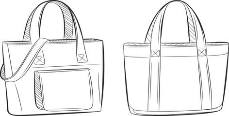 Tote bag vector illustration with front and back views, detailed line sketch, fashion accessory design template, handbag outline drawing for product presentation