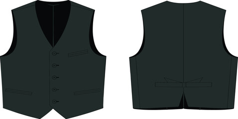 Classic men’s formal waistcoat vector illustration, tailored vest front and back flat sketch design, elegant apparel template for fashion and clothing