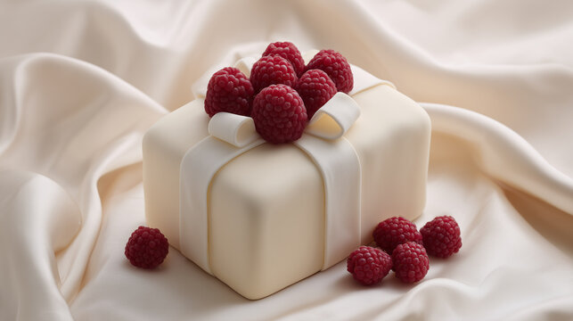 Elegant cake decorated with raspberries on a soft fabric surface