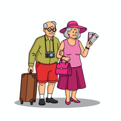 Elderly Couple Excitedly Holding Tickets and Suitcase Ready for Vacation.