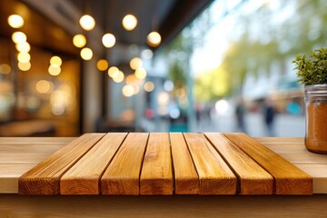 Empty wooden table with blurred cafe lights and outdoor scene background