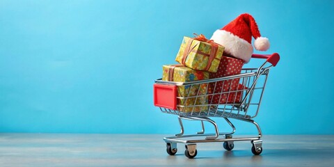 A miniature shopping cart filled with festively wrapped presents and a Santa hat against a light blue background, symbolizing the joy of holiday gift-giving and the convenience of online shopping.
