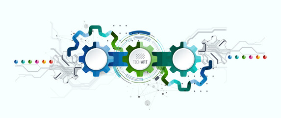 Fototapeta premium Stylized view of gears integrated with microcircuits. Concept of combining mechanics and electronics.