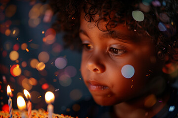 A thoughtful child gazing at glowing birthday candles, surrounded by warm bokeh and floating confetti, capturing the magic, emotion, and wonder of a celebration moment