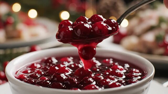Close-up of a spoon serving homemade cranberry sauce from a bowl. A traditional side dish for a festive Thanksgiving or Christmas dinner