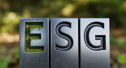 ESG metal letters with green moss filling E, environmental social governance concept