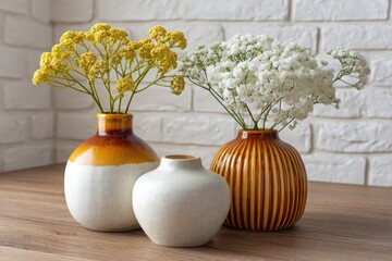 Three decorative ceramic vases with delicate yellow and white flowers on a wooden surface