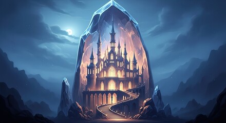Mystical castle nestled within a shimmering crystal mountain under a moonlit sky, perfect for fantasy book covers and enchanting game designs