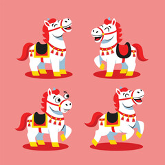 Four cartoon carousel horses with red manes and tails.