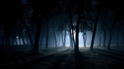 A dark forest at night with only faint moonlight filtering through the trees and casting eerie shadows.