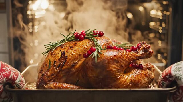 Taking a roasted turkey out of the oven with festive mitts. Steaming hot holiday meal for Christmas or Thanksgiving dinner. Cooking a traditional family feast